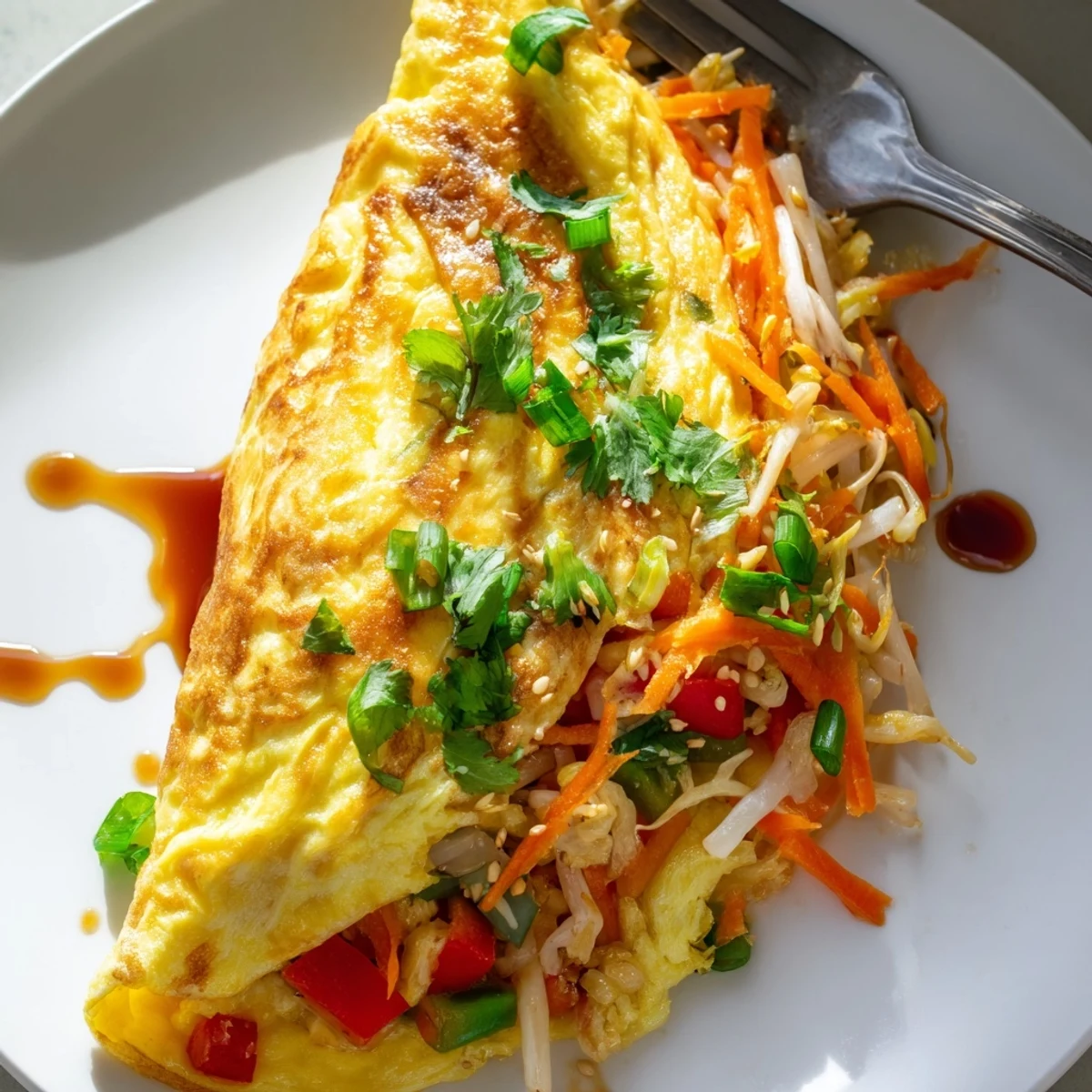 Fluffy Chinese omelette folded over colorful bell peppers, bean sprouts, and shredded carrots, drizzled with sesame oil