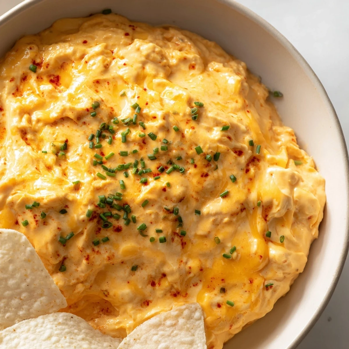 Warm cheese dip in a rustic bowl surrounded by golden tortilla chips
