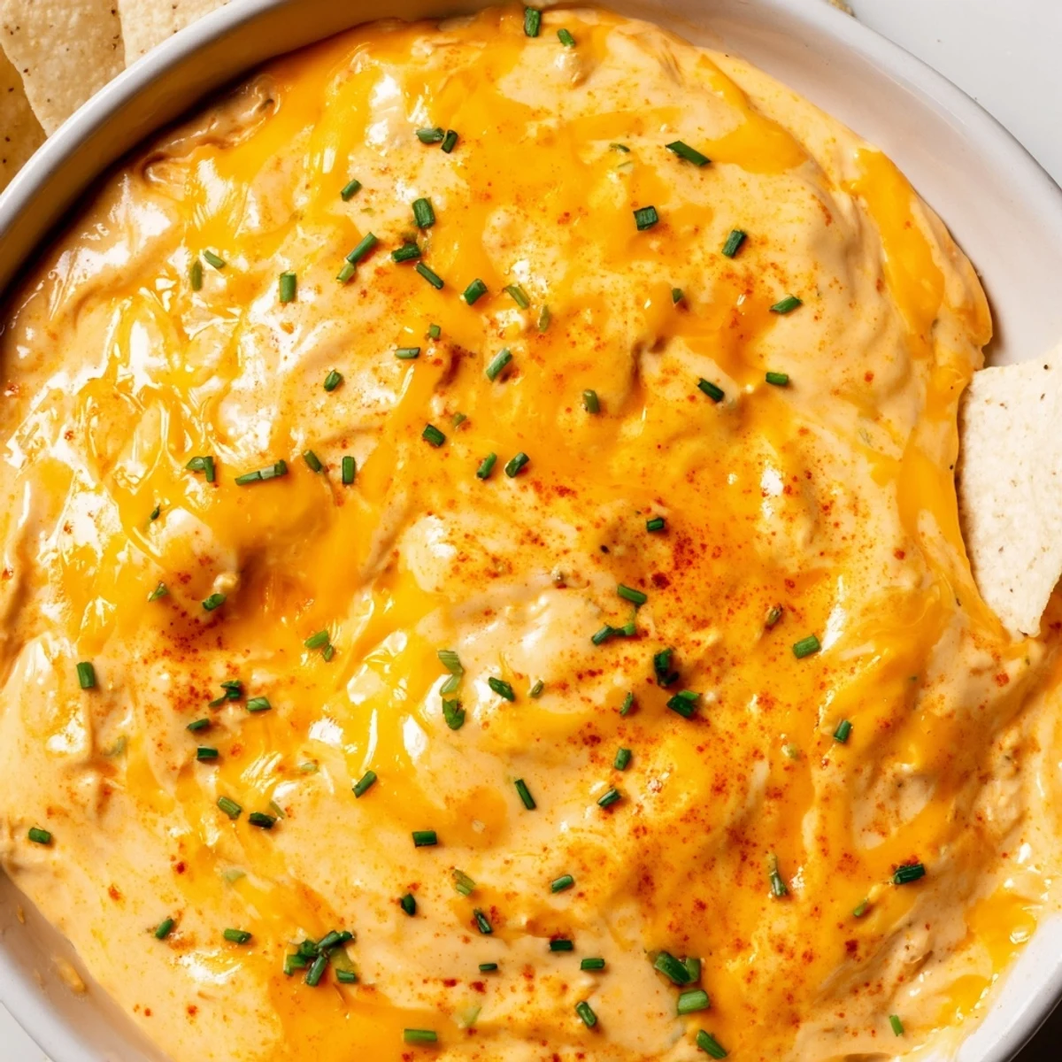 Creamy cheese dip topped with fresh chives served in a ceramic dish