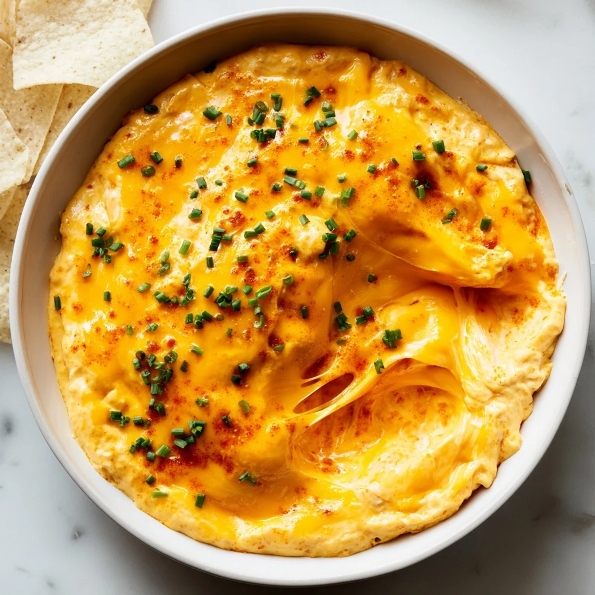Bubbling cheese dip cascading over crispy chips at a festive game night party