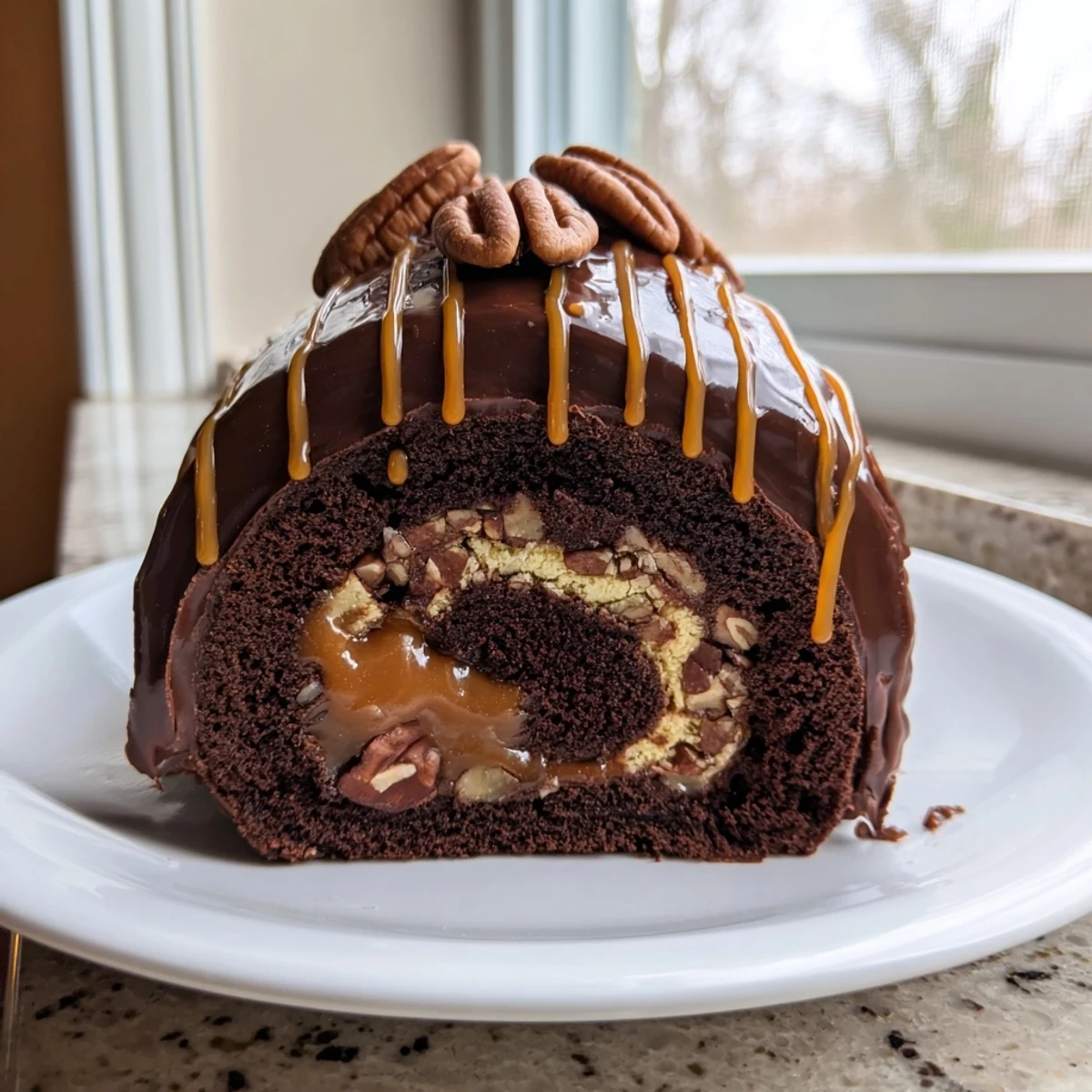 Gooey Chocolate Caramel Turtle Cake Roll sliced with pecans and caramel drizzle on a rustic plate