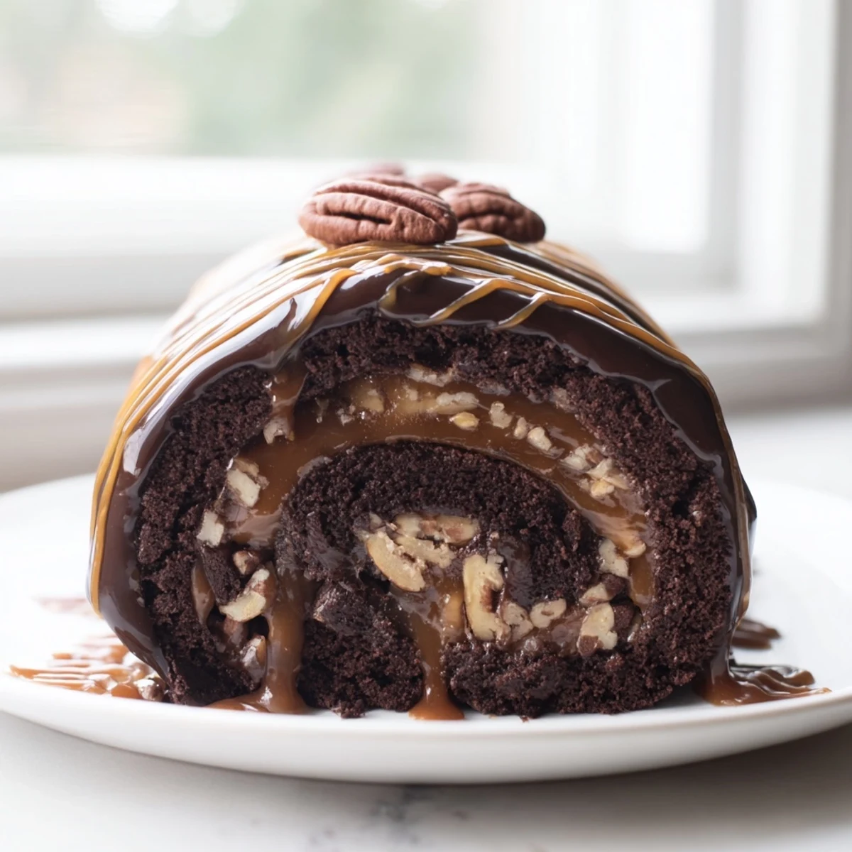 Decadent Gooey Chocolate Caramel Turtle Cake Roll spiraled with rich filling and glossy ganache topping
