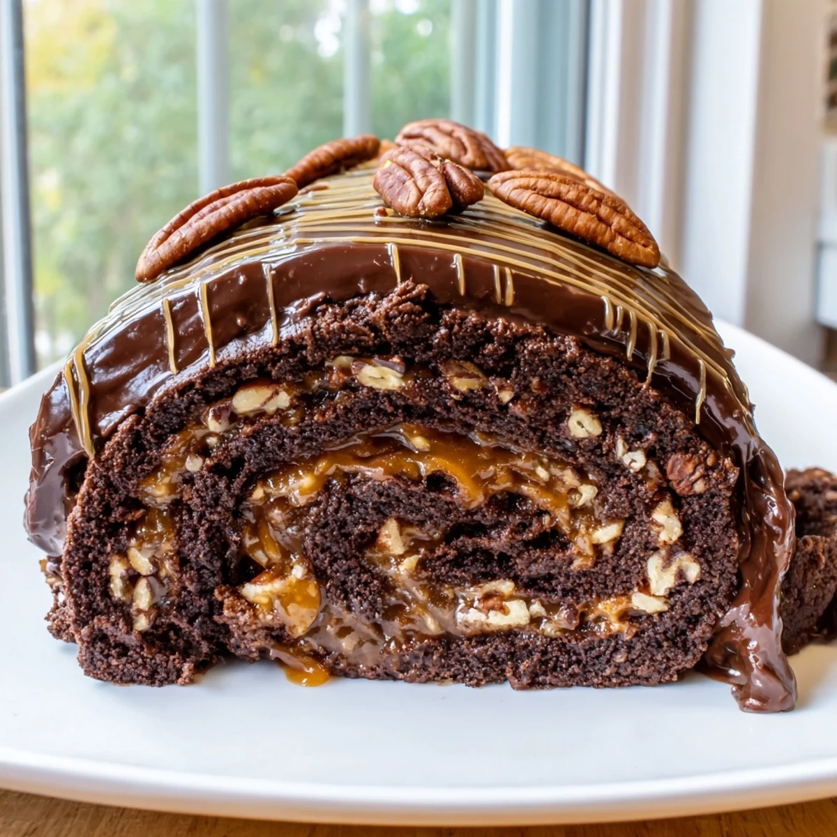 Warm Gooey Chocolate Caramel Turtle Cake Roll served on a white plate with chopped pecans