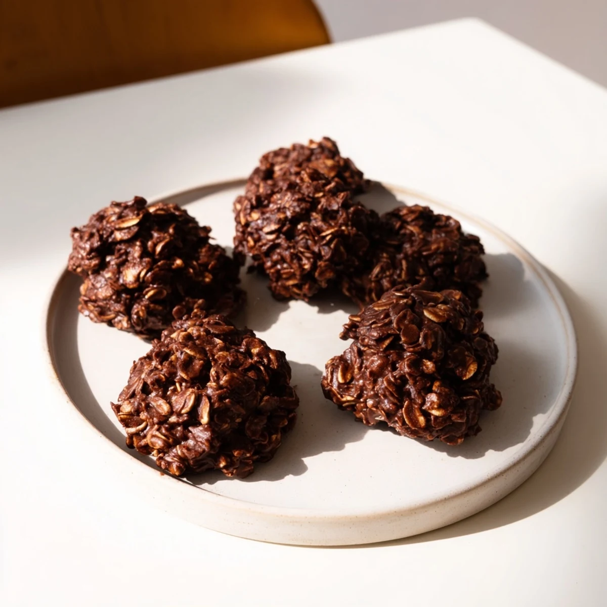 Fudgy chocolate oatmeal no bake cookies stacked on a rustic parchment-lined plate