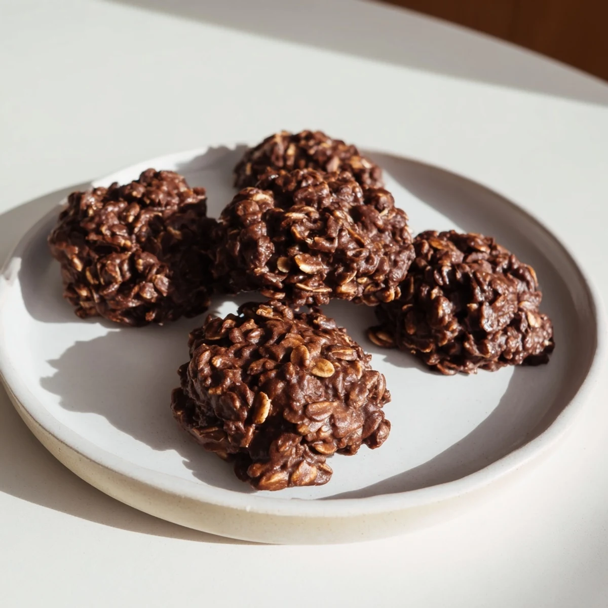 Glossy chocolate oatmeal no bake cookies with chewy oats and peanut butter swirls