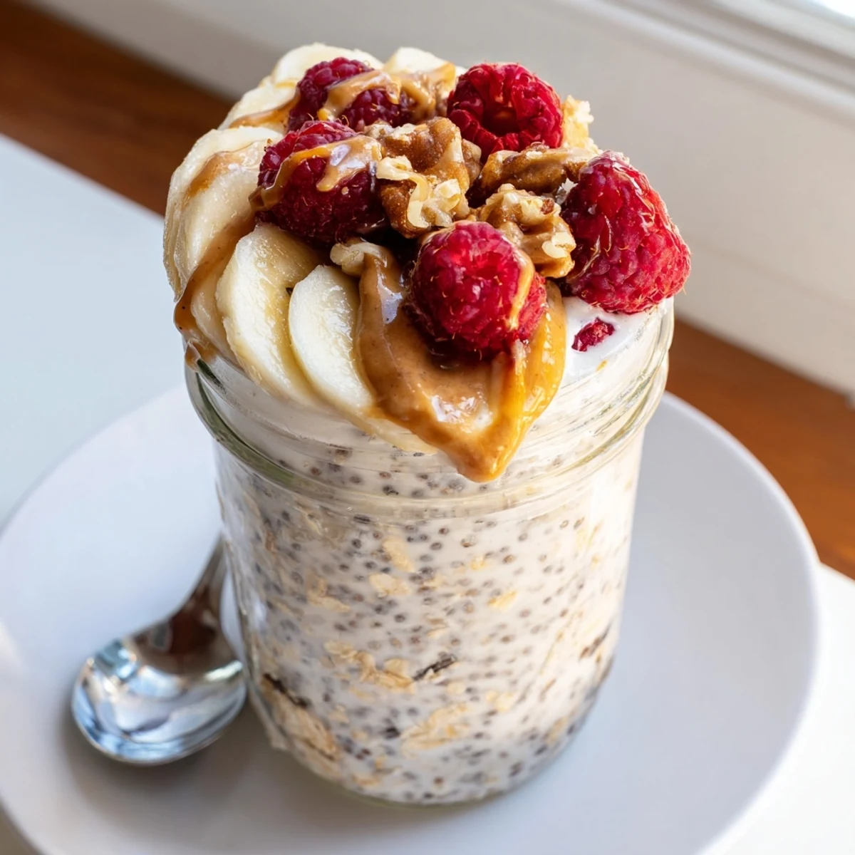 Thick, creamy protein overnight oats topped with fresh berries and a drizzle of nut butter.