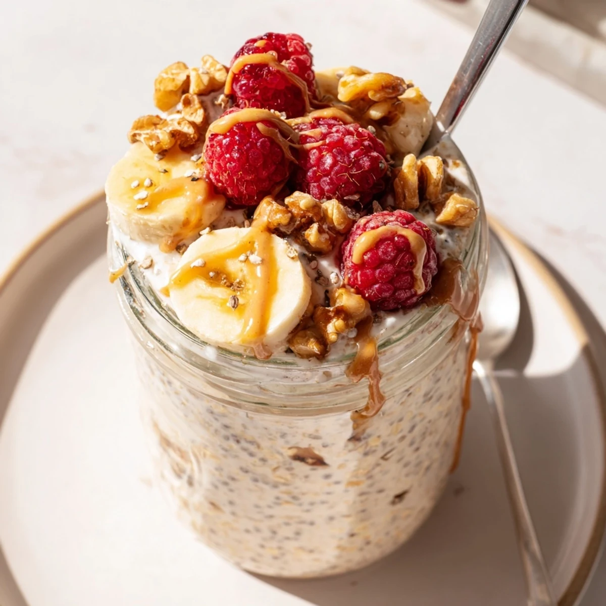Velvety protein overnight oats served cold in a mason jar, garnished with colorful mixed berries.