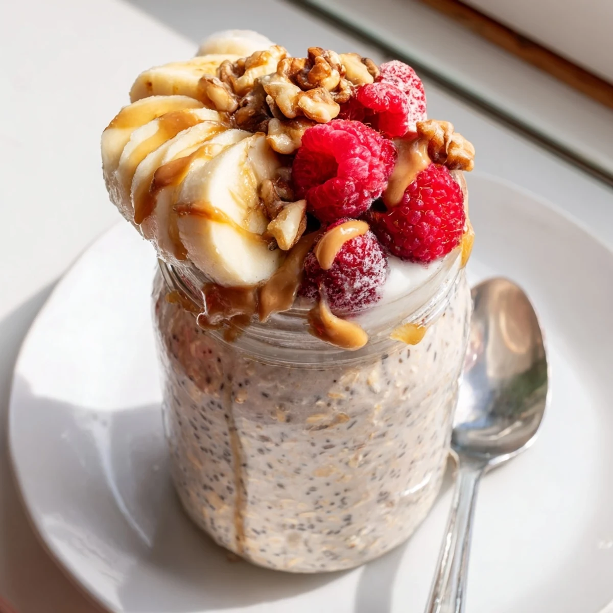 A jar of protein overnight oats layered with sliced banana, chia seeds, and Greek yogurt.