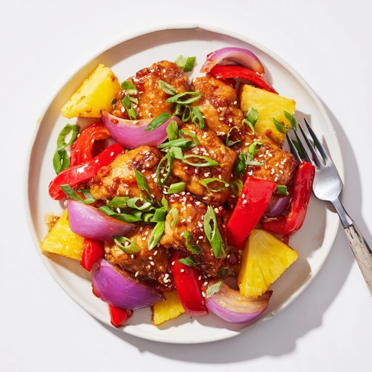 Golden pan-seared Hawaiian Chicken draped in tangy pineapple sauce alongside sautéed vegetables