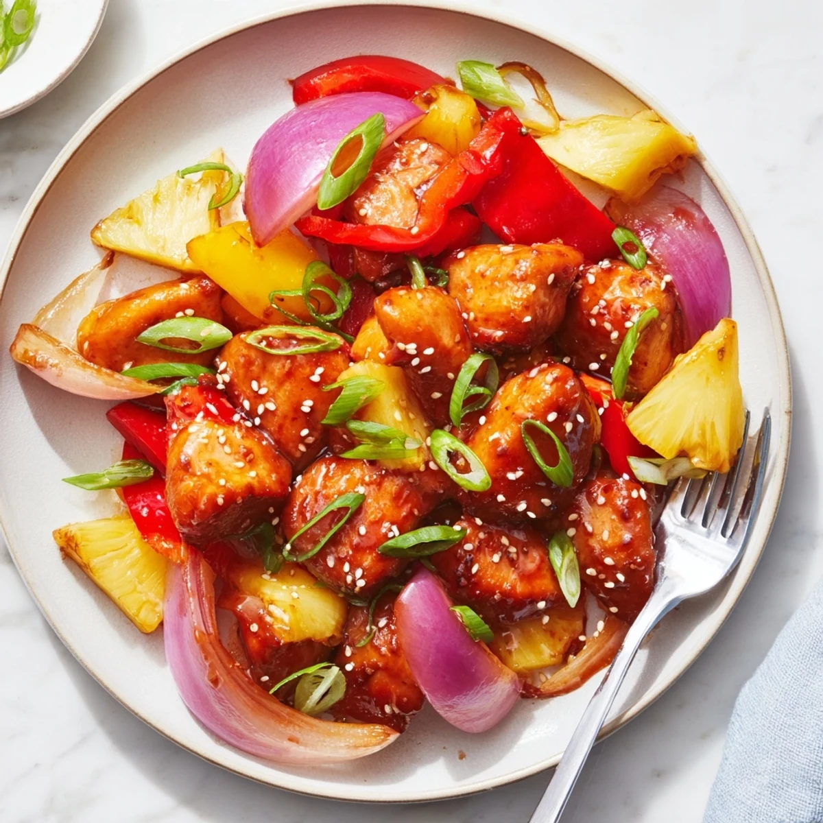 Tender Hawaiian Chicken glazed in sticky pineapple soy sauce with colorful bell peppers