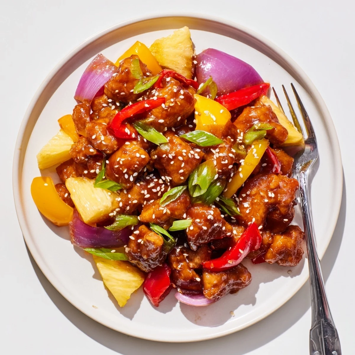 Juicy Hawaiian Chicken thighs coated in a glossy sweet-and-sour sauce over caramelized peppers and onions