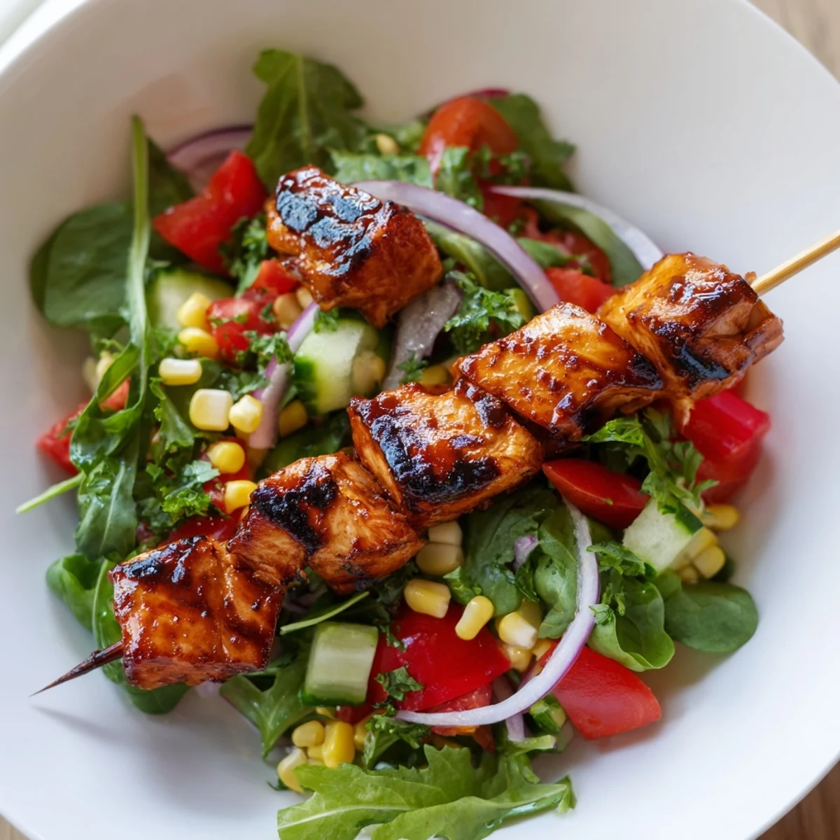 Juicy BBQ chicken skewers resting on crisp mixed greens with colorful vegetables