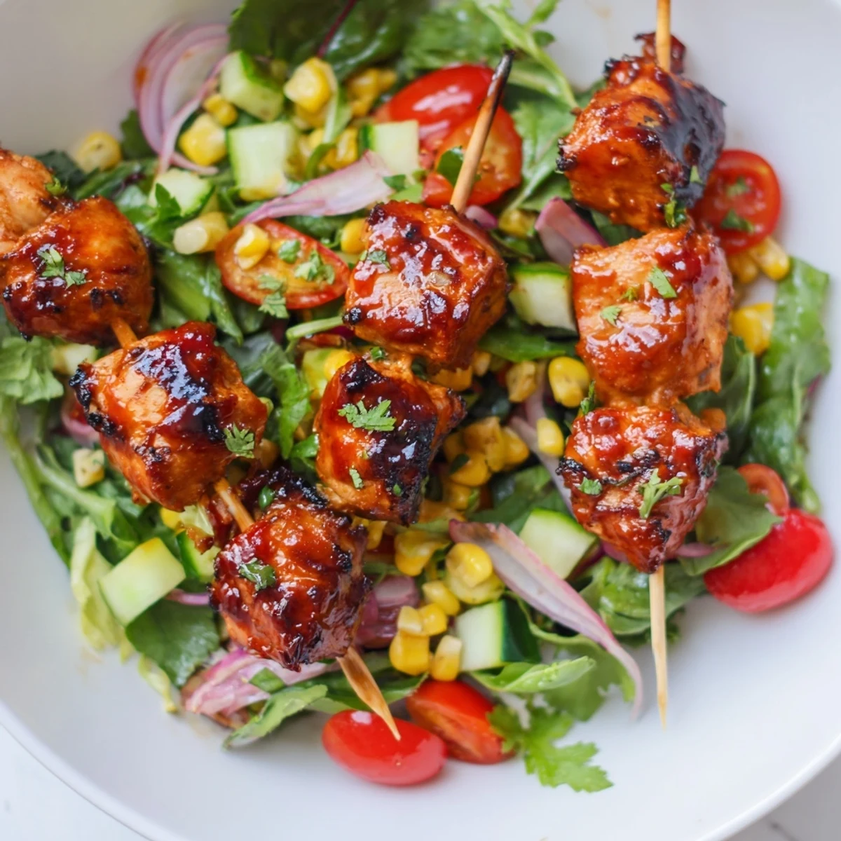 Charred BBQ chicken skewers served over vibrant summer salad with cherry tomatoes