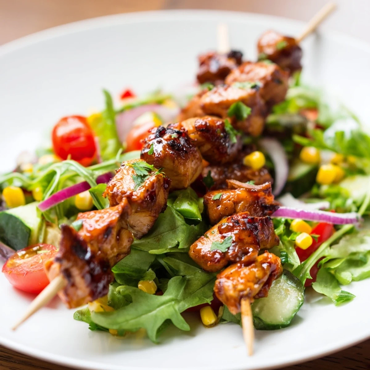 BBQ chicken skewer salad drizzled with tangy honey mustard dressing on fresh arugula