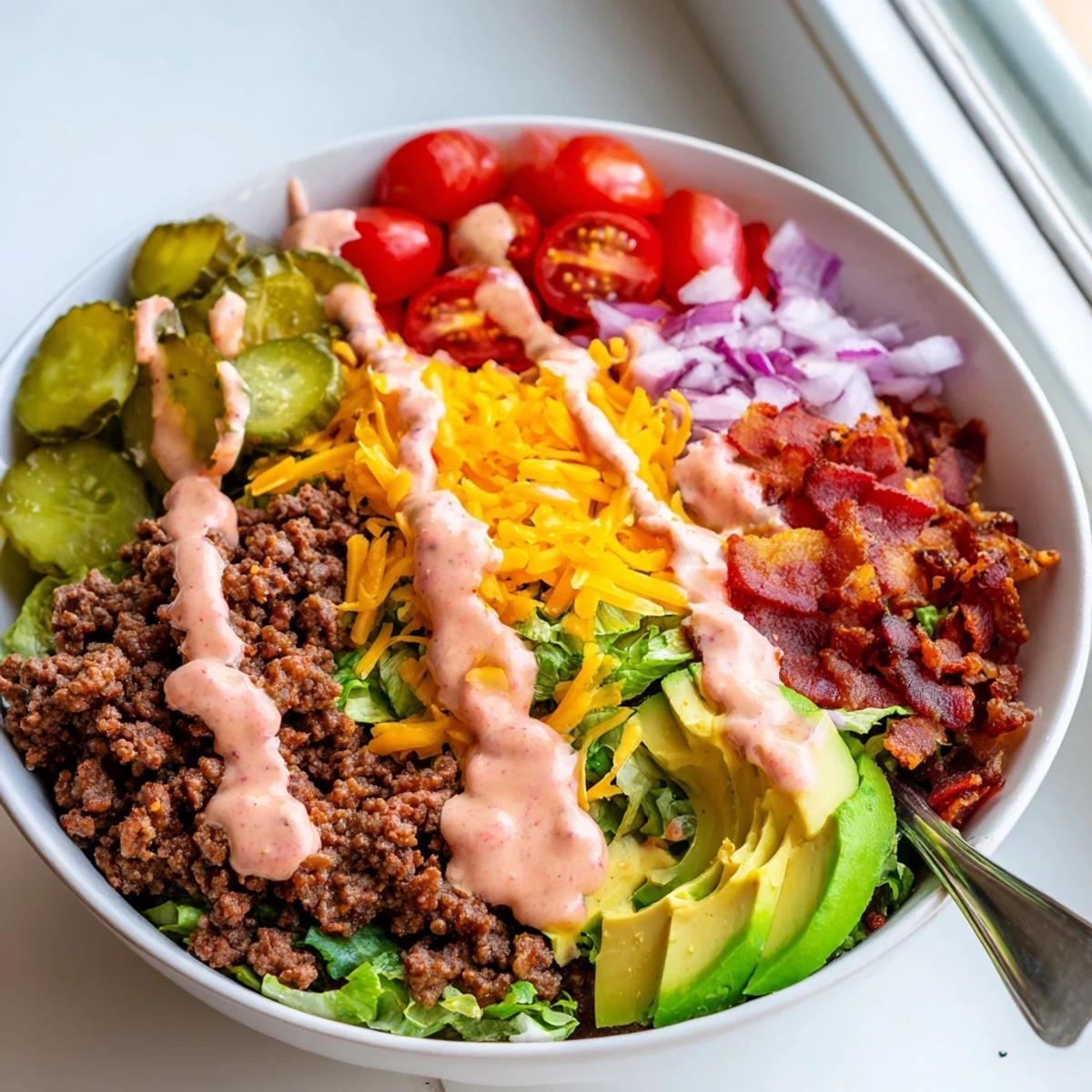 Sizzling ground beef and fresh crisp lettuce in a hearty burger bowl