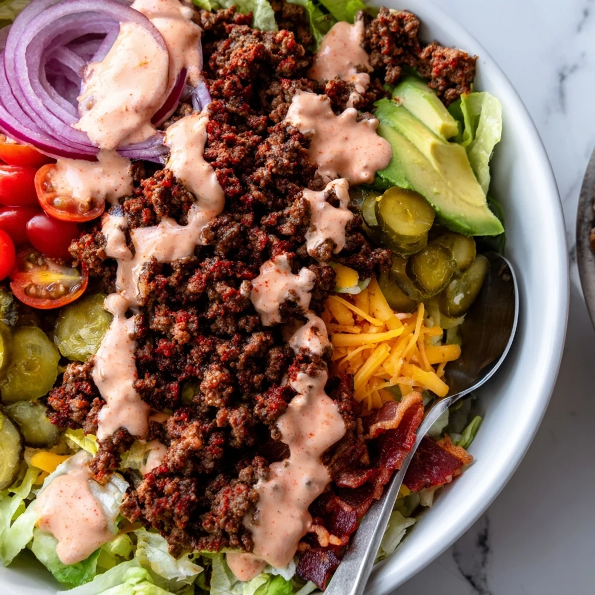 Juicy seasoned meat topped with cheddar and pickles in burger bowls