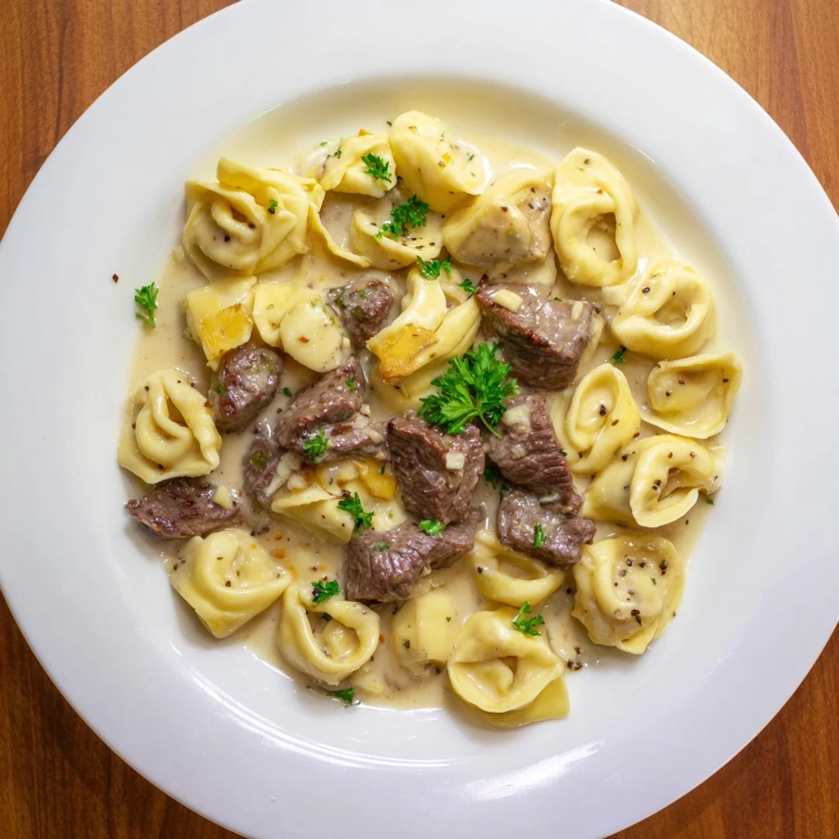 Skillet of garlic steak tortellini coated in velvety parmesan sauce ready to serve
