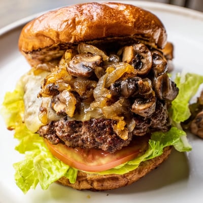 The Mushroom and Swiss Burger is garnished with rich, dark brown caramelized onions for extra sweetness.