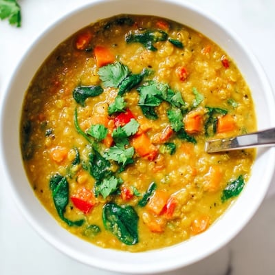 Steaming Coconut Curry Lentil Soup with Spinach in a rustic bowl with a lime wedge.