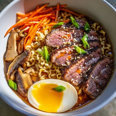 A hearty bowl of Spicy Beef Ramen with Soft Boiled Egg, garnished with fresh herbs and chili slices for extra heat.