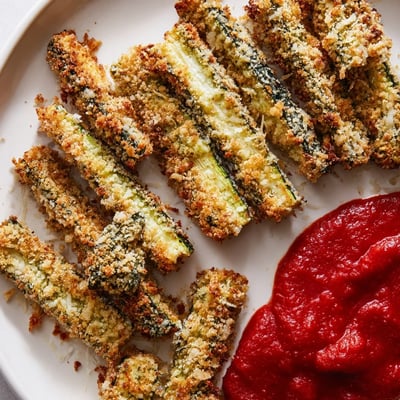 A hand reaches for a crunchy Baked Zucchini Fries with Marinara Dipping Sauce, with steam rising from the warm, tangy marinara in a small bowl.