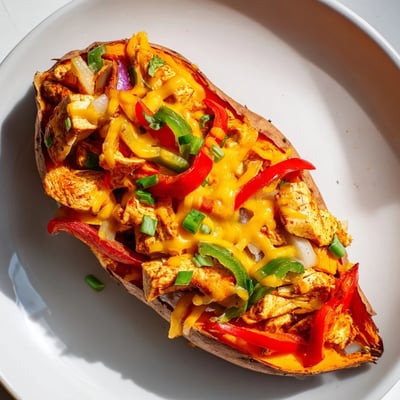 Tender sweet potatoes filled with spicy chicken fajita mix, topped with melted cheddar cheese and fresh cilantro, ready to serve.