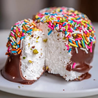A close-up of chocolate-dipped marshmallows with crushed cookies and nuts for a sweet snack.  