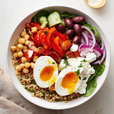 Fresh chickpeas and feta cheese top High Protein Mediterranean Breakfast Bowls beside kalamata olives and herbs.
