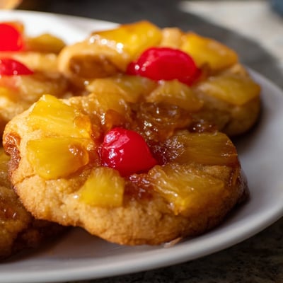 A close-up of a Pineapple Upside Down Sugar Cookie reveals a sticky brown sugar glaze pooling around juicy pineapple chunks.