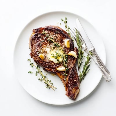 This pan-seared ribeye steak sizzles in a hot cast-iron skillet, ready to serve with mashed potatoes.