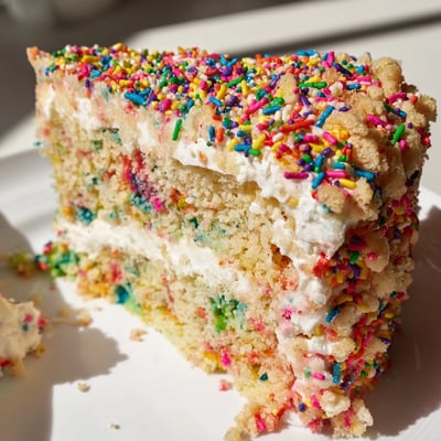 A slice of Milk Bar Birthday Cake shows moist vanilla sponge, creamy frosting, and colorful rainbow sprinkles on a white plate.