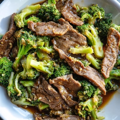 Tender beef strips and crisp broccoli coated in glossy garlic brown sauce in a skillet.