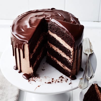 A close-up slice of Triple Matilda Chocolate Cake reveals moist sponge and creamy frosting.