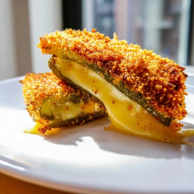 Crispy pickle cheese bites fresh from the fryer with gooey cheddar centers