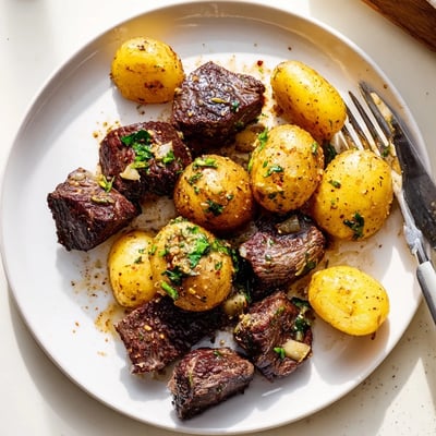 Close-up of Garlic Steak Bites and Potatoes Recipe glistening in garlic butter