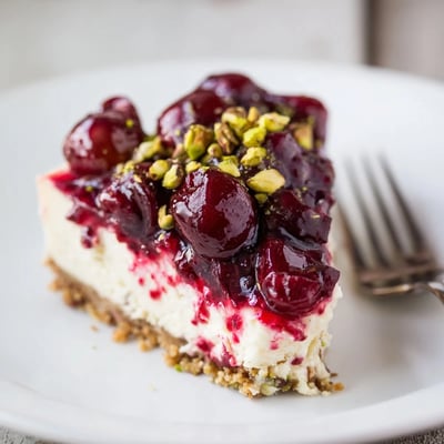 Slice of Lemon Lime Cherry Pistachio Cheesecake showing creamy citrus and nutty pistachio crunch