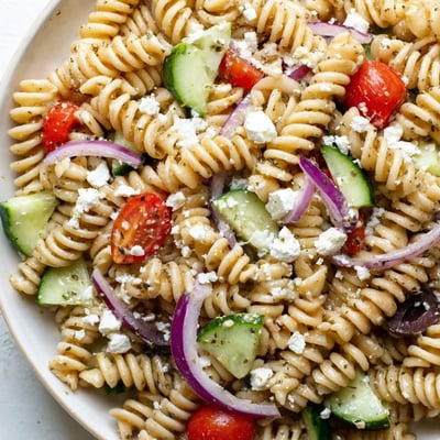Greek Pasta Salad in a rustic bowl drizzled with herbed red wine vinaigrette