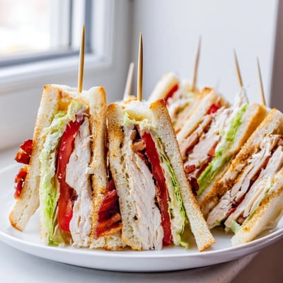 Classic club sandwich featuring golden toasted bread, juicy turkey, bacon, and fresh lettuce