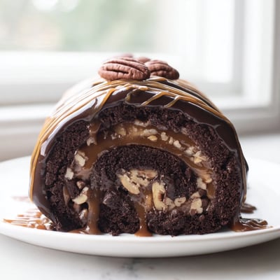 Decadent Gooey Chocolate Caramel Turtle Cake Roll spiraled with rich filling and glossy ganache topping
